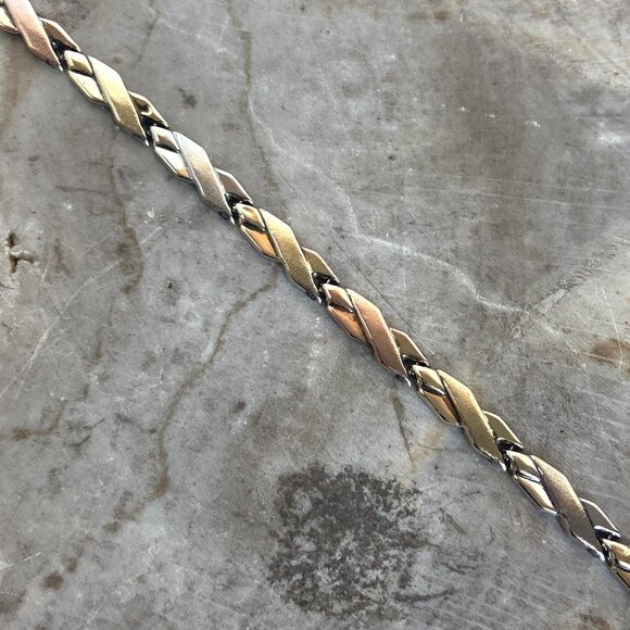 VTG Sterling Silver 925 Turkish 1/10 10K Gold Tri Tone X Link Bracelet 7.5" - Picture 7 of 16